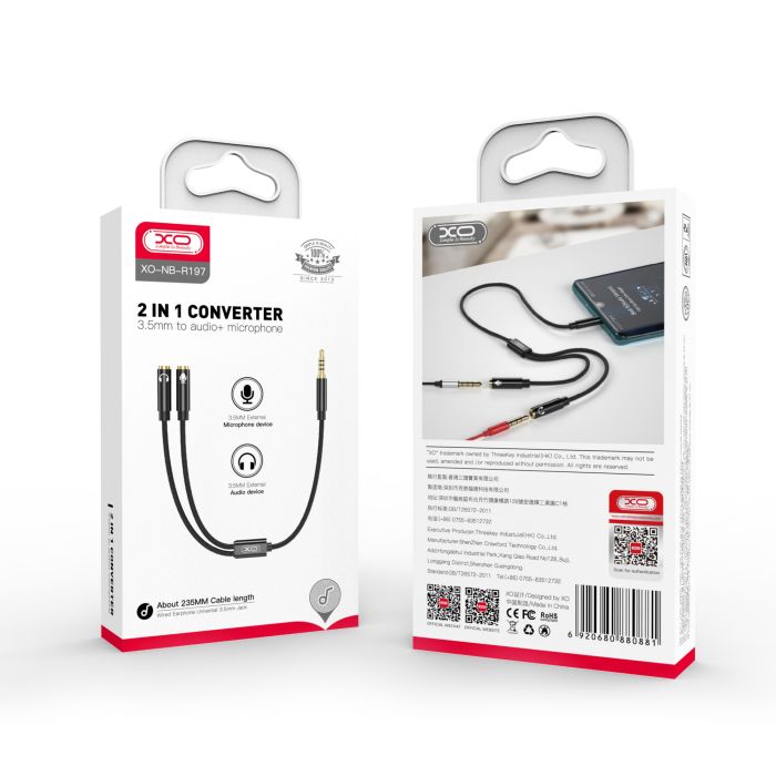 Кабель XO NB-R197 Кабель 3.5mm*3.5mm NB-R197 2-in-1 Чорний