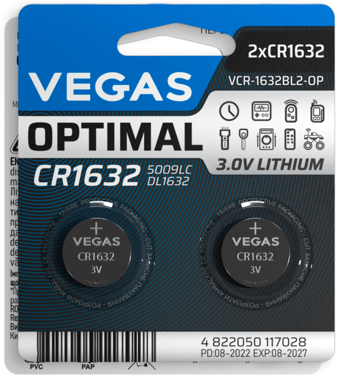 Батарейка VEGAS OPTIMAL CR1632 блістер 2шт. Lithium