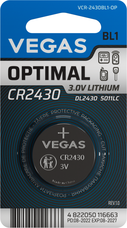 Батарейка VEGAS OPTIMAL CR2430 блістер 1шт. Lithium