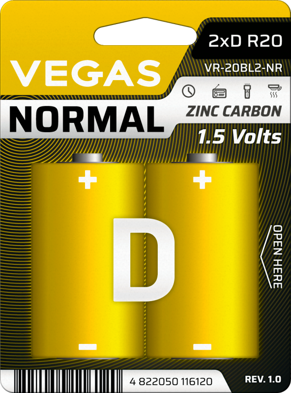 Батарейка VEGAS NORMAL D блістер 2шт. Zinc-Carbon
