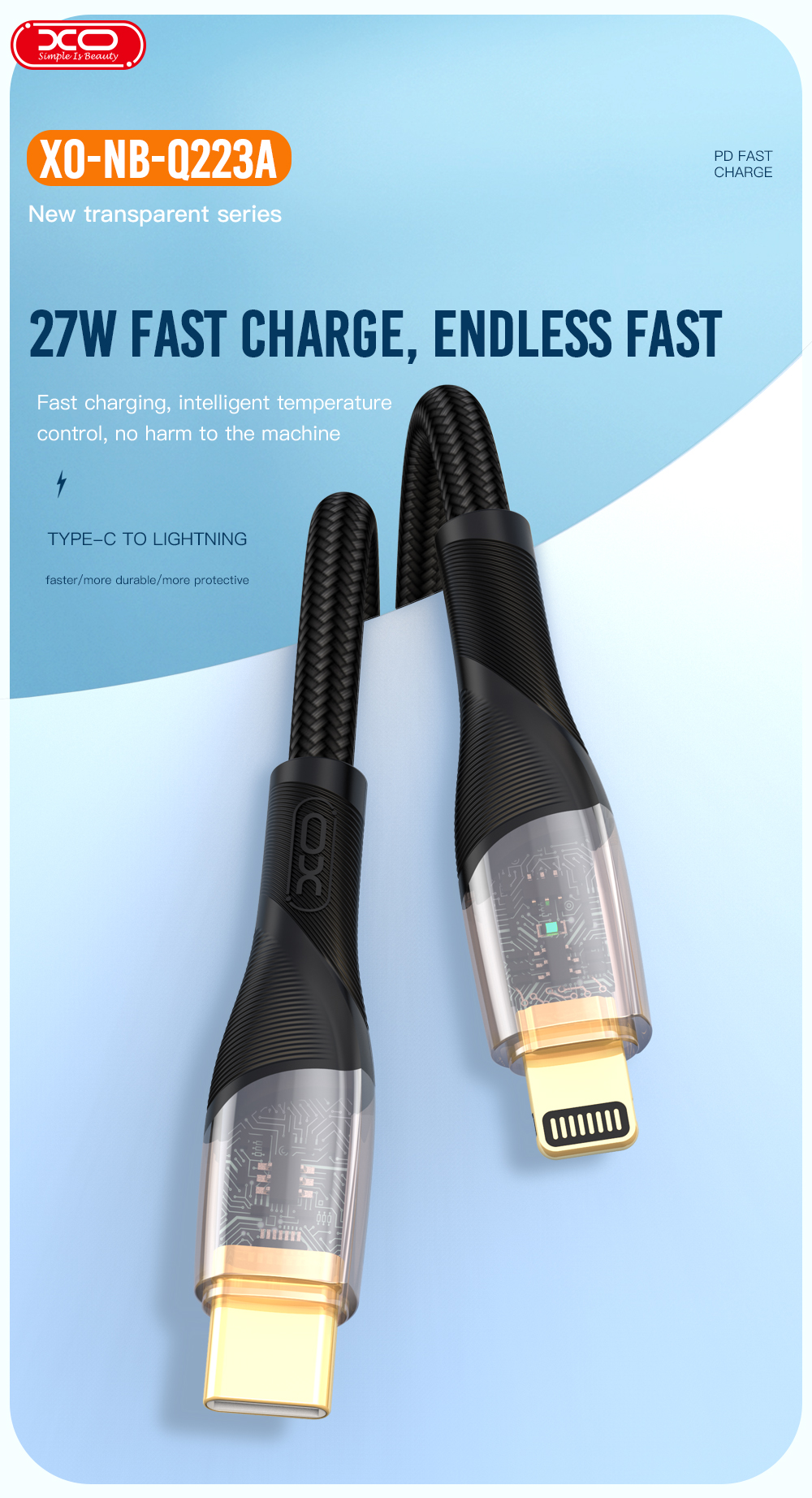 Кабель XO NB-Q223B USB-C USB-C Чорний має високу пропускну потужність в 27 Вт