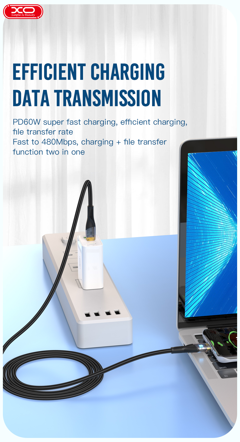 Кабель XO NB-Q223B USB-C USB-C Чорний має пропускну здатність в 480 мб/с та потужність 60 Вт